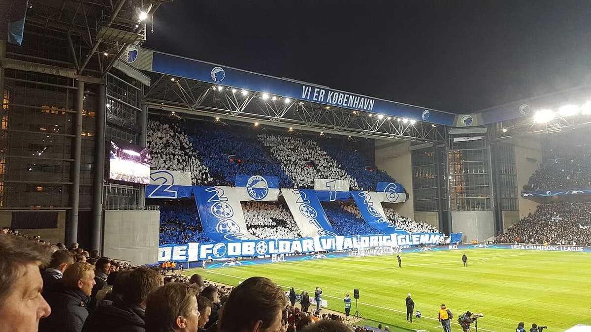 F.C. Copenhagen fans with blue and white tifo display at stadium