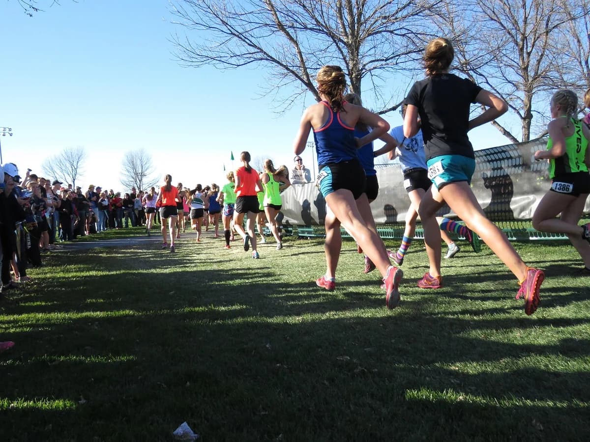 Runners approaching the finish line in a cross-country race