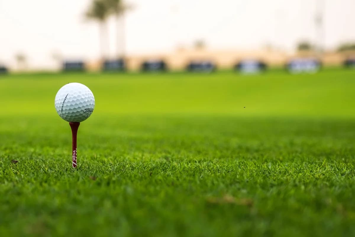 Golf ball on a red tee on green grass