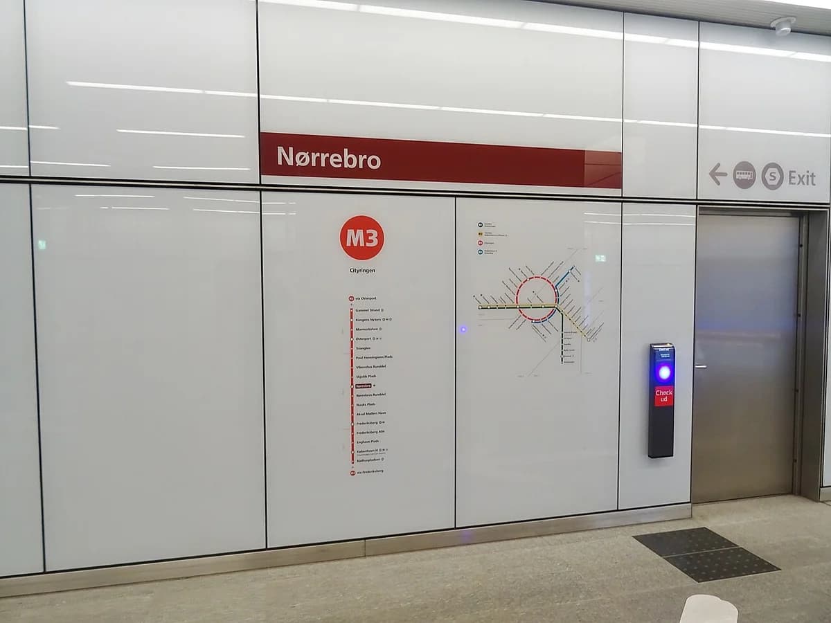 Metro route information and map display at Nørrebro Station.