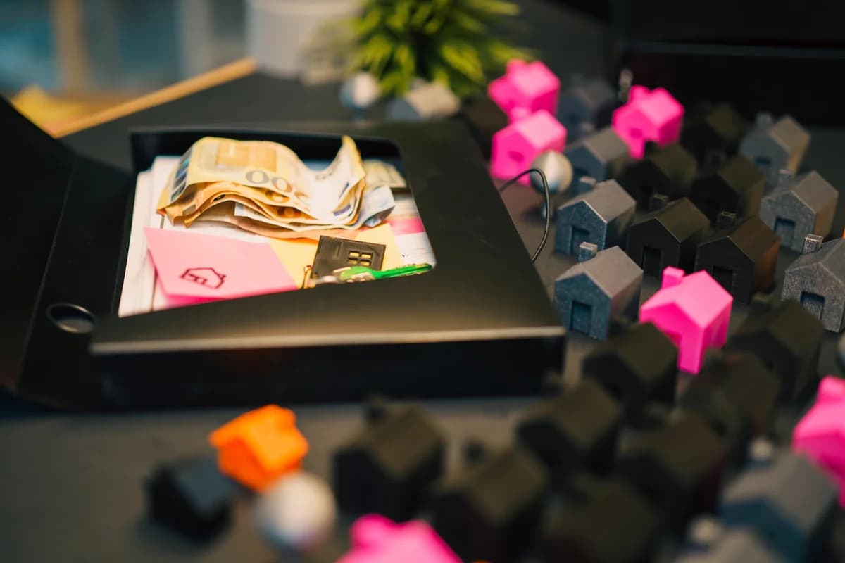 Folded banknotes and small house models on a table.
