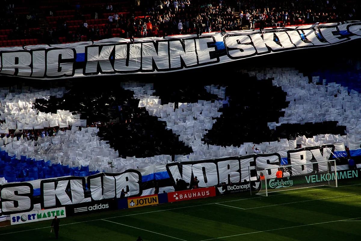Crowd display at a football derby in Parken Stadium.