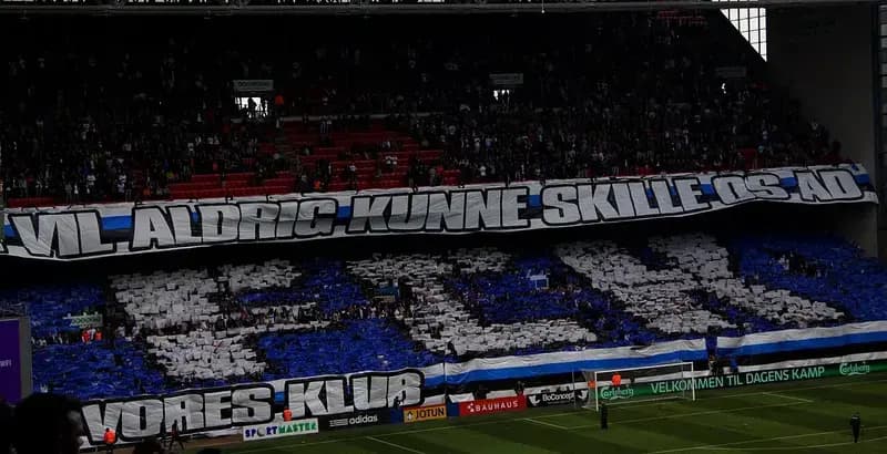 Stadium crowd holding up cards to spell AGF in blue and white