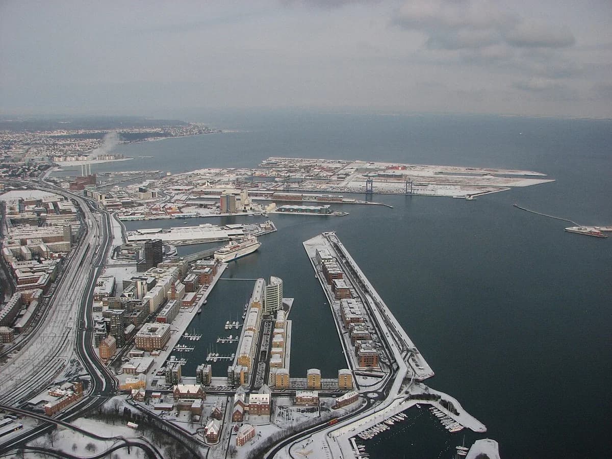 Aerial view of Copenhagen's Nordhavn harbor area in winter.