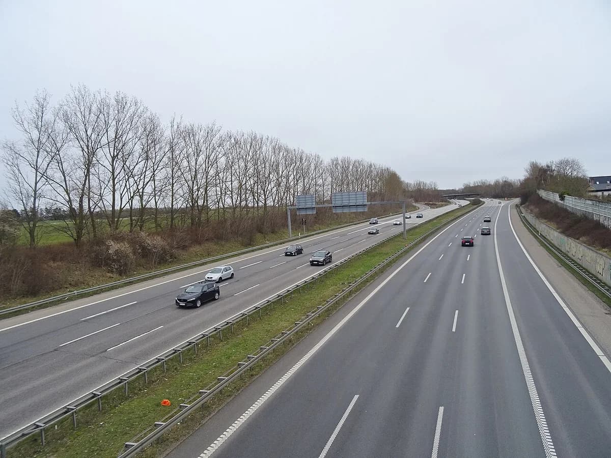 Holbæk motorway with cars seen from an overpass