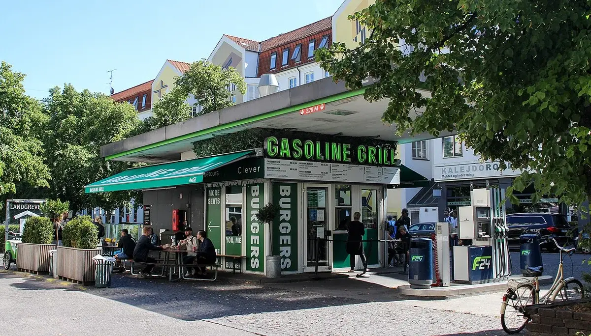 Gasoline Grill restaurant on a city street in Copenhagen with outdoor seating.