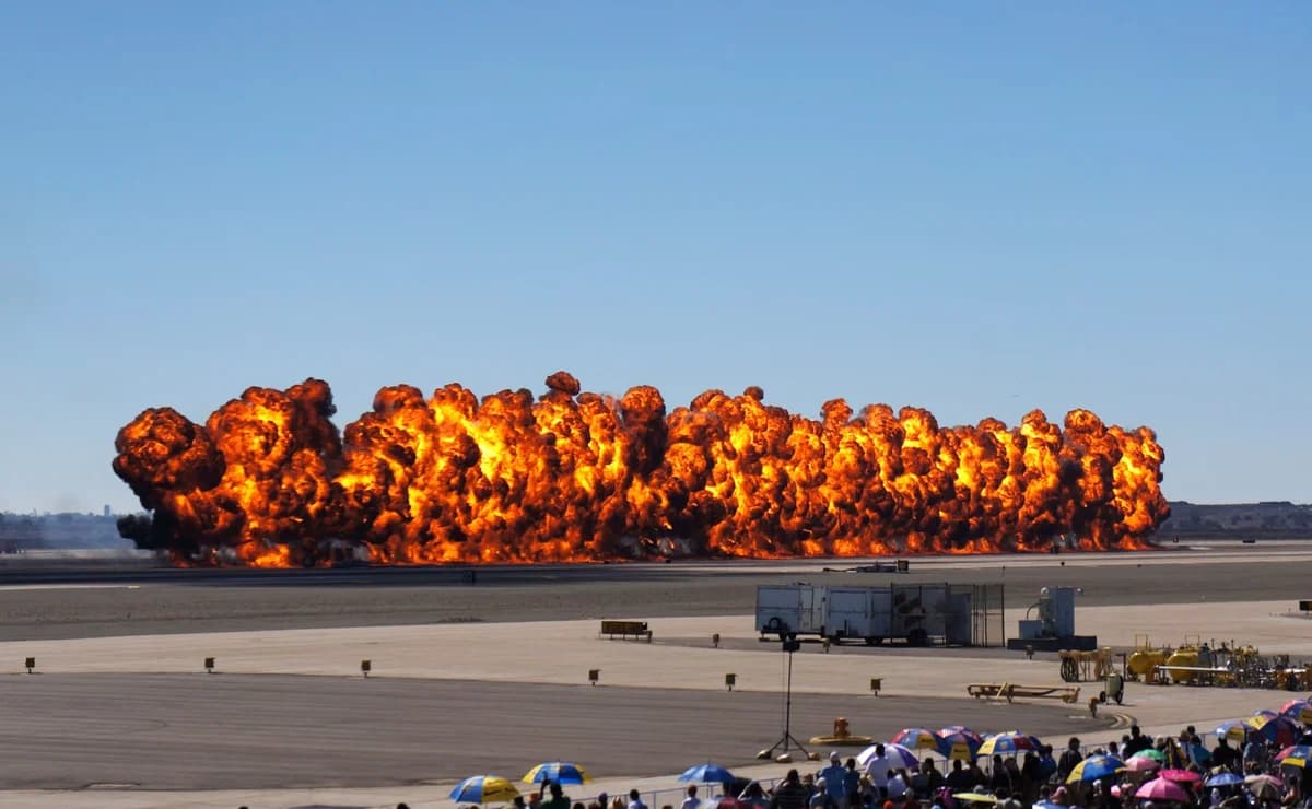 Large fireball during an airshow with spectators watching