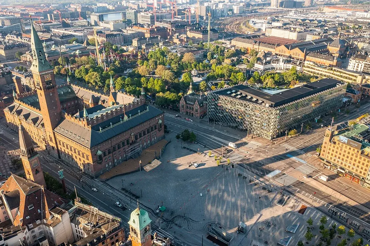 Aerial view of Copenhagen City Hall and Tivoli Gardens.
