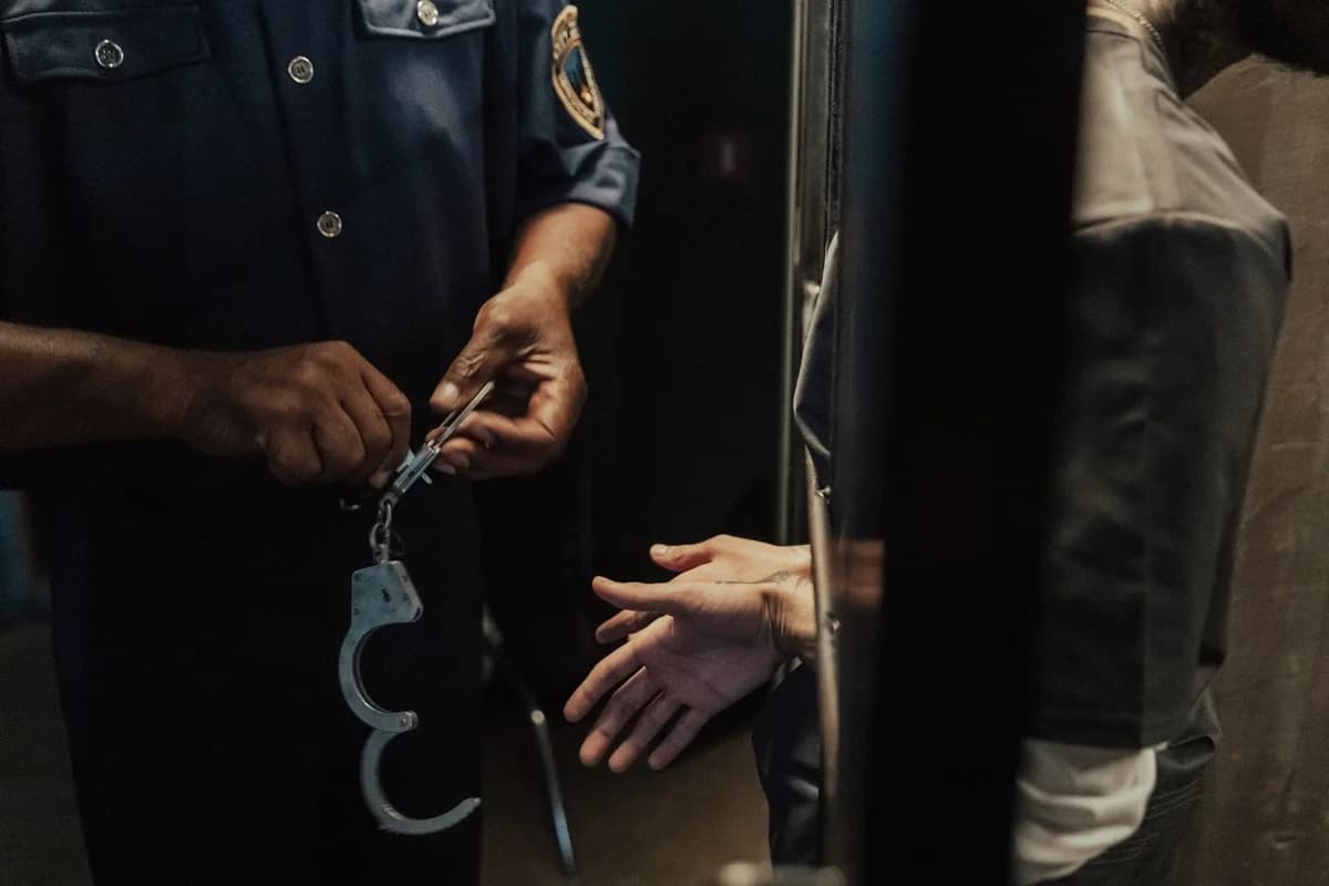 Police officer holding handcuffs near suspect behind bars