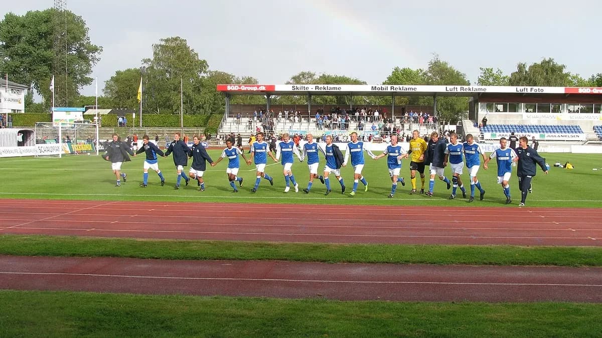 Football team celebrating on field holding hands