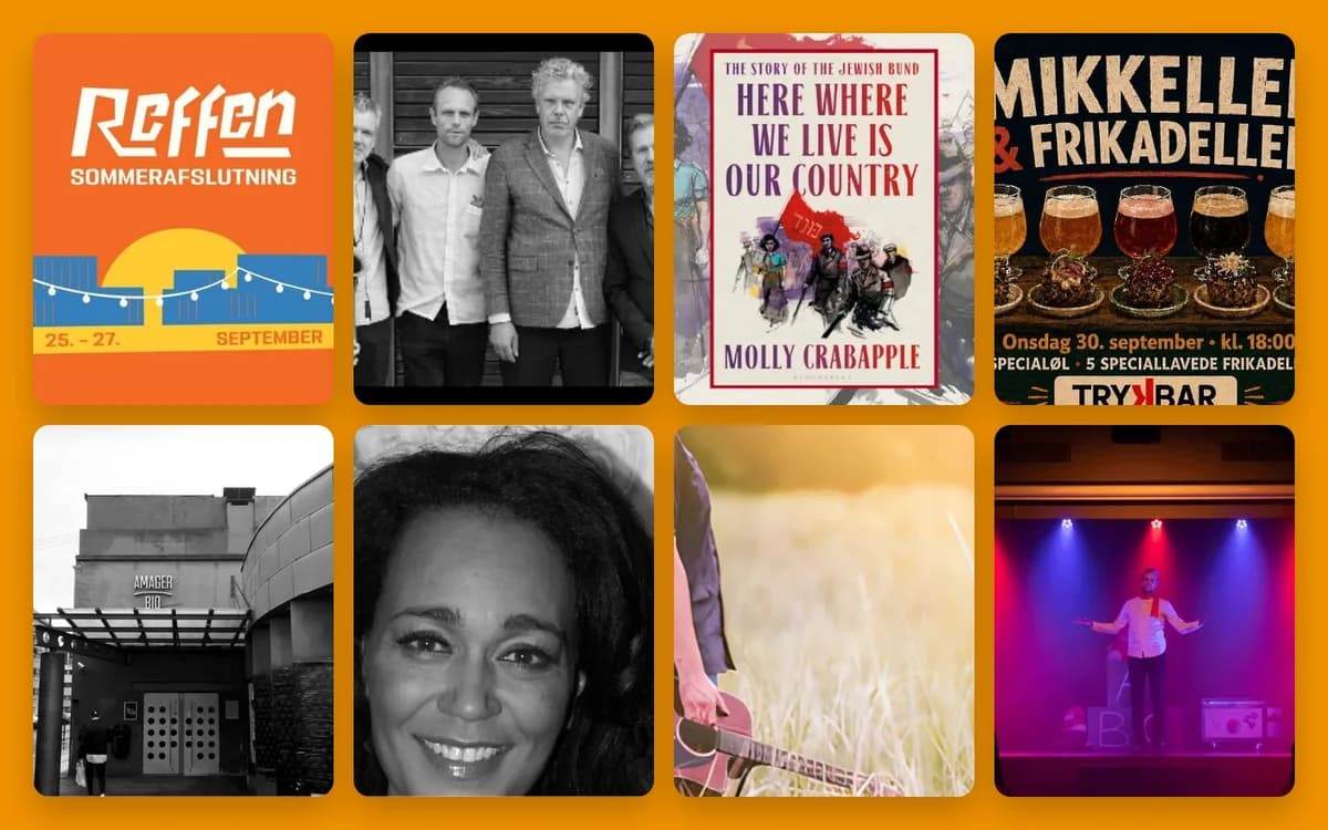 A collage showing posters, portraits, a building, and a stage performance.